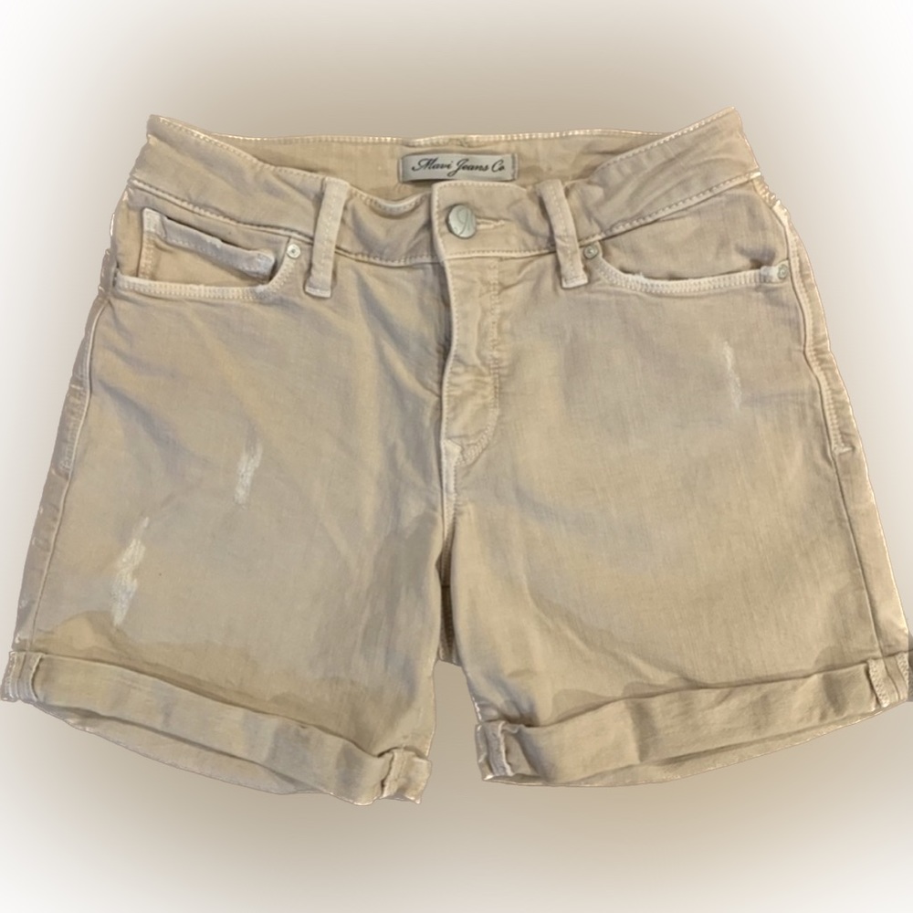 Mavi Sara Mid-Rise Boyfriend Cuffed Stretch Denim Shorts in Khaki Tan 25